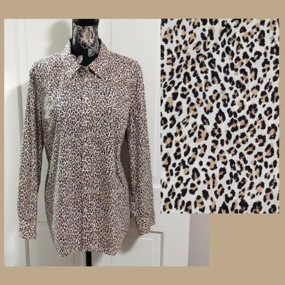 🐆Talbots🐆 - Black/Tan Leopard Print Classic Cotton L/S Button Down